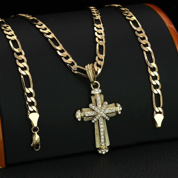 14k Iced Men's Cross Pendant + Necklace - Picture 2 of 4